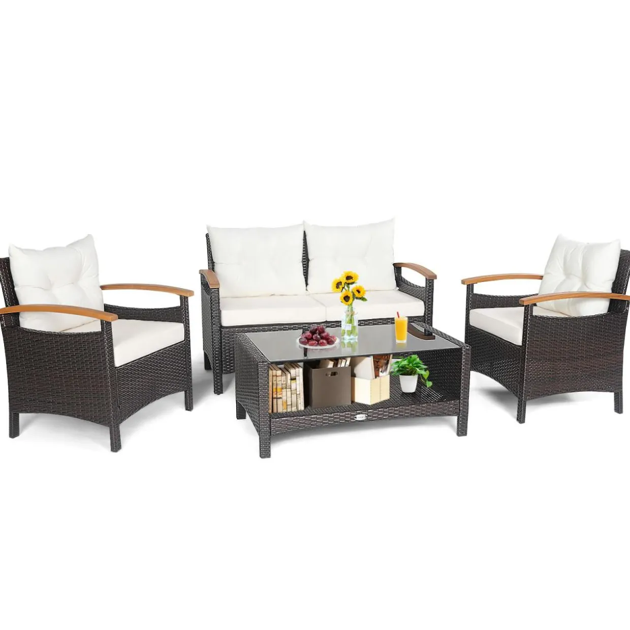 4 Piece Patio Rattan Conversation Set, Outdoor Wicker Sofa Set W/2-Layer Coffee Table