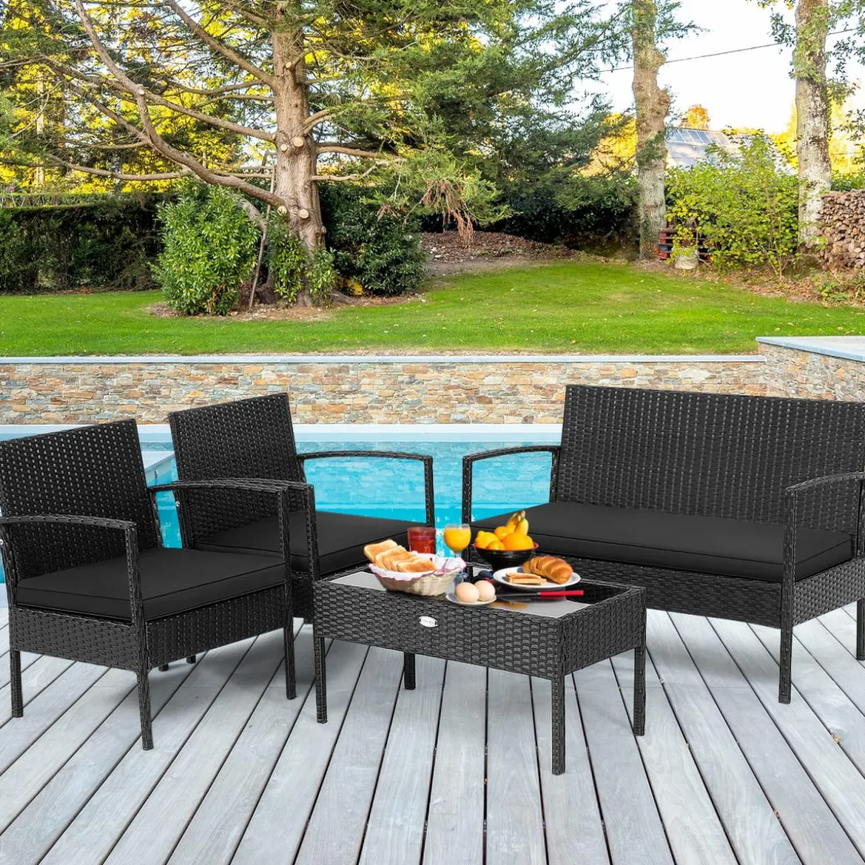 4 Piece Patio Rattan Conversation Set, Black