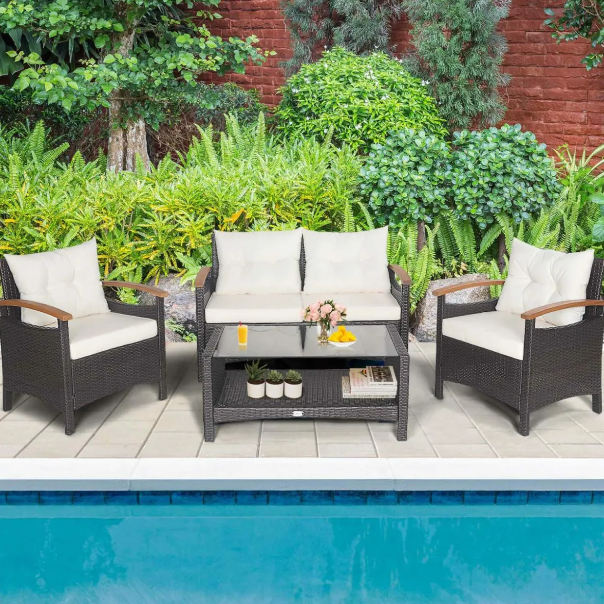 4 Piece Patio Rattan Conversation Set, Outdoor Wicker Sofa Set W/2-Layer Coffee Table
