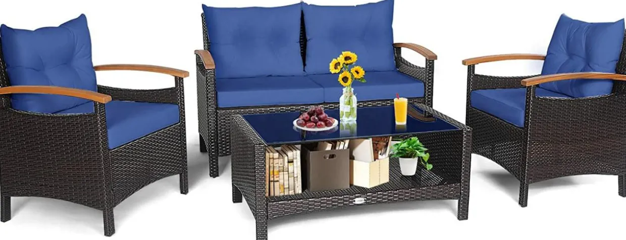 4 Piece Patio Rattan Conversation Set, Outdoor Wicker Sofa Set W/2-Layer Coffee Table