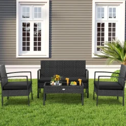 4 Piece Patio Rattan Conversation Set, Black