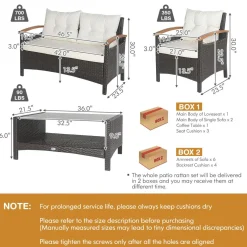4 Piece Patio Rattan Conversation Set, Outdoor Wicker Sofa Set W/2-Layer Coffee Table