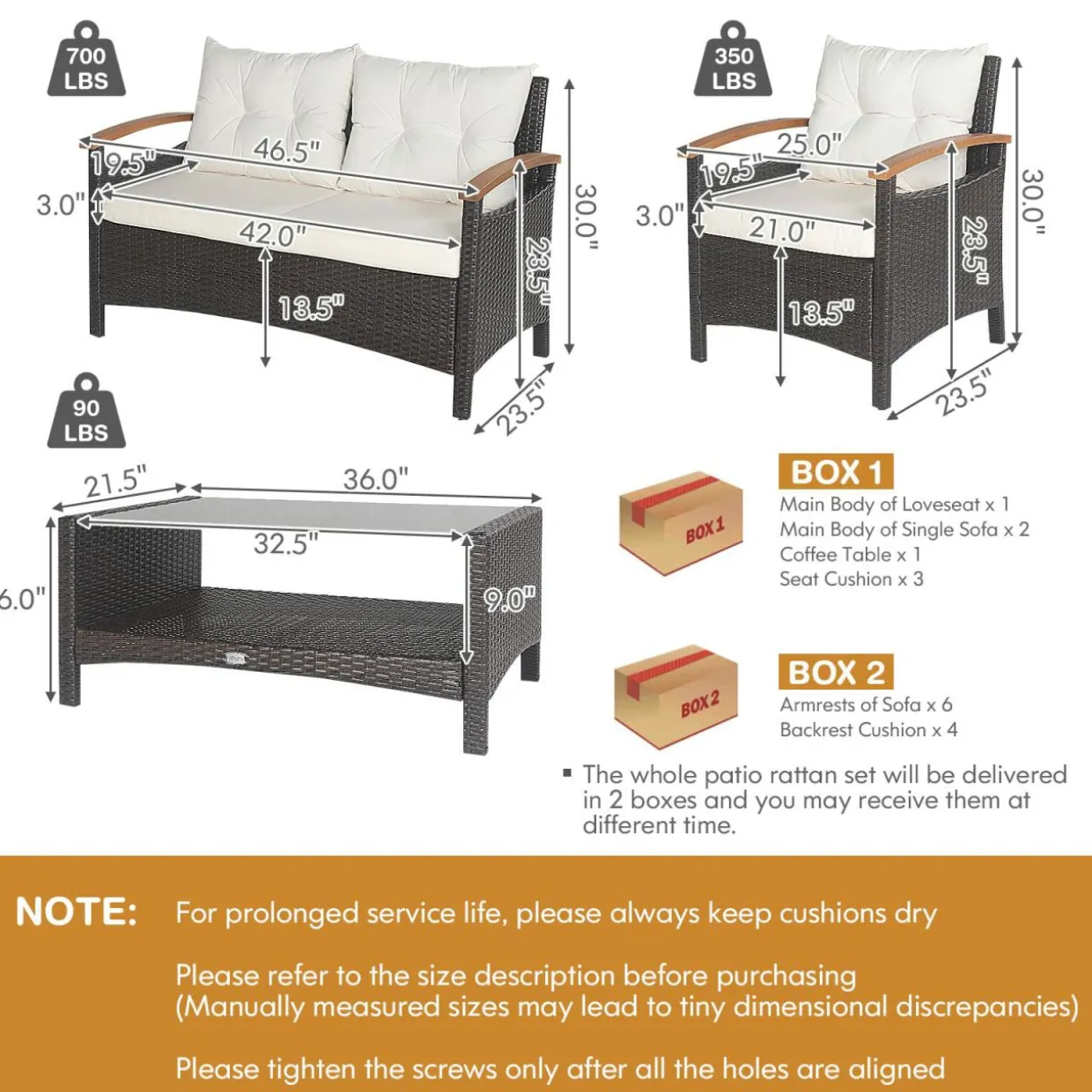 4 Piece Patio Rattan Conversation Set, Outdoor Wicker Sofa Set W/2-Layer Coffee Table