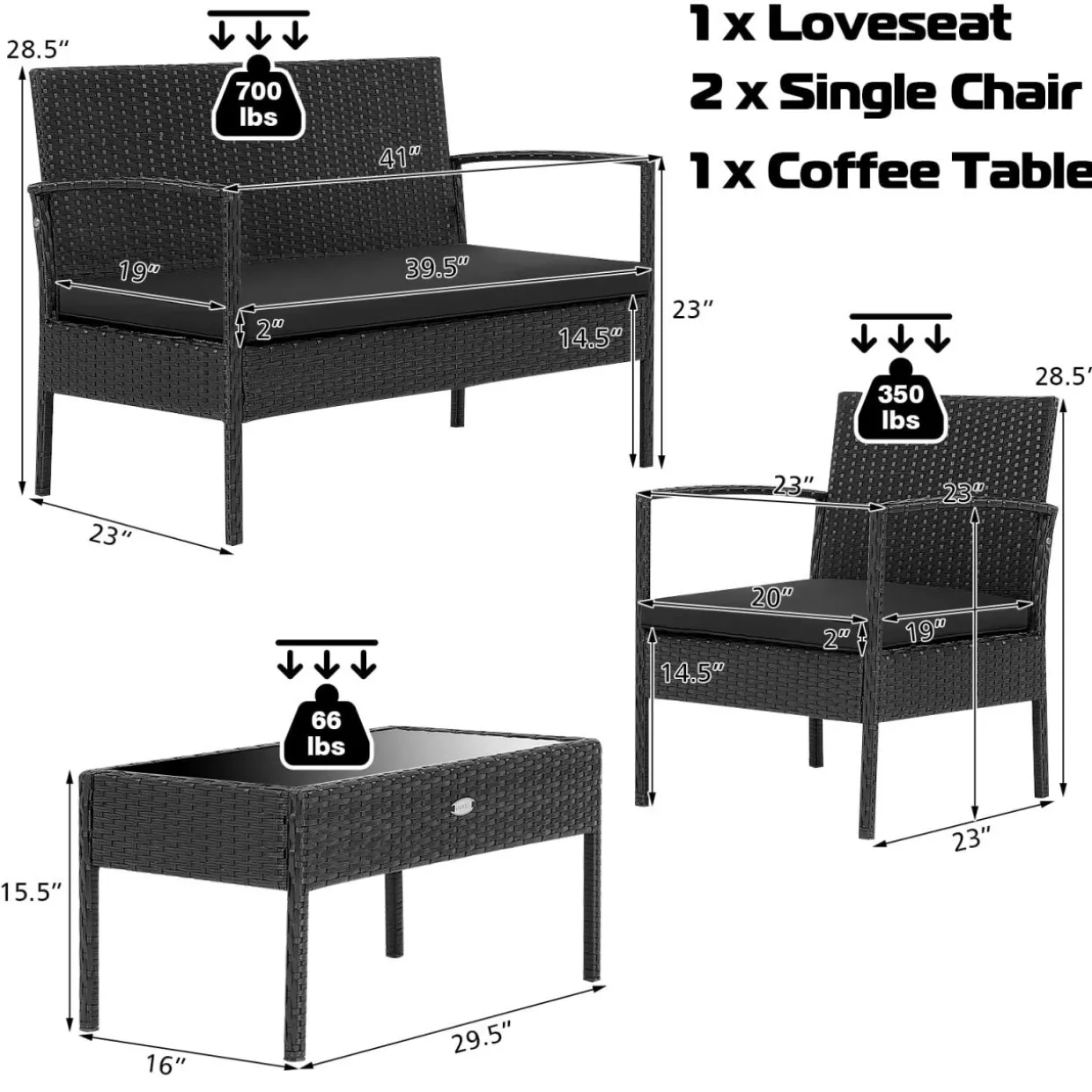 4 Piece Patio Rattan Conversation Set, Black
