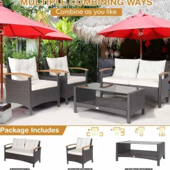 4 Piece Patio Rattan Conversation Set, Outdoor Wicker Sofa Set W/2-Layer Coffee Table