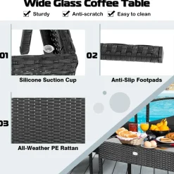 4 Piece Patio Rattan Conversation Set, Black