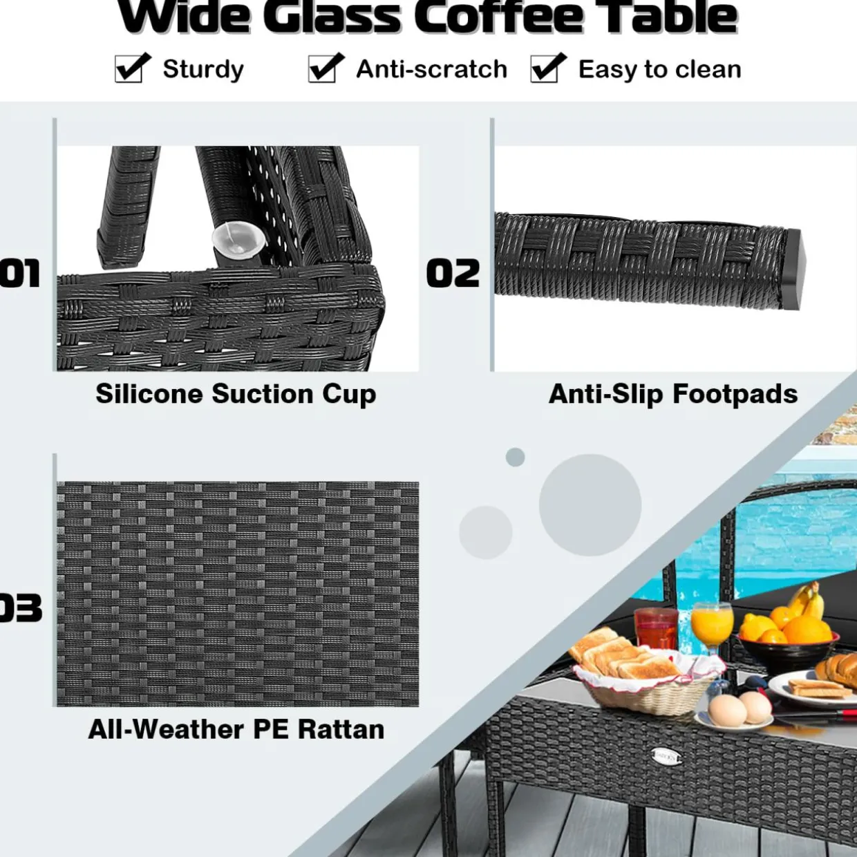 4 Piece Patio Rattan Conversation Set, Black