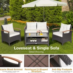 4 Piece Patio Rattan Conversation Set, Outdoor Wicker Sofa Set W/2-Layer Coffee Table