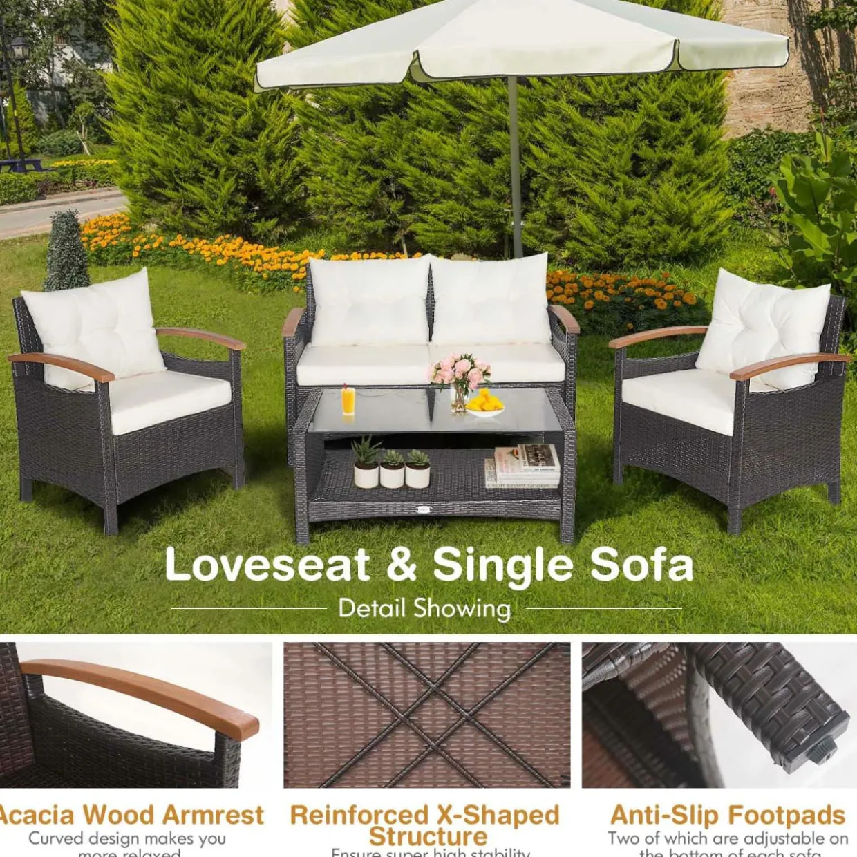 4 Piece Patio Rattan Conversation Set, Outdoor Wicker Sofa Set W/2-Layer Coffee Table