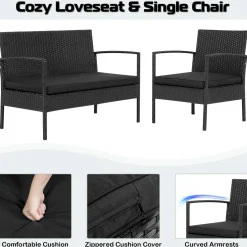 4 Piece Patio Rattan Conversation Set, Black