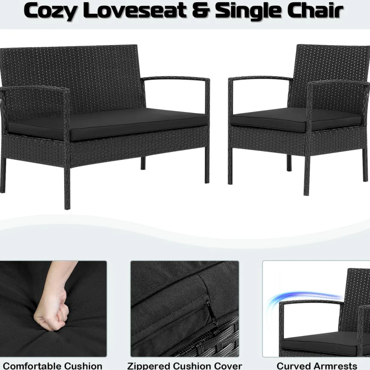 4 Piece Patio Rattan Conversation Set, Black
