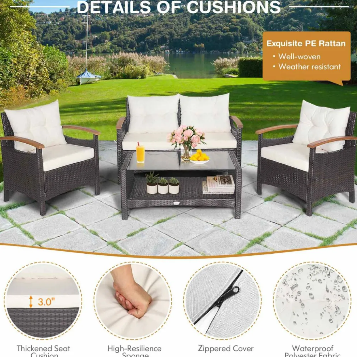 4 Piece Patio Rattan Conversation Set, Outdoor Wicker Sofa Set W/2-Layer Coffee Table