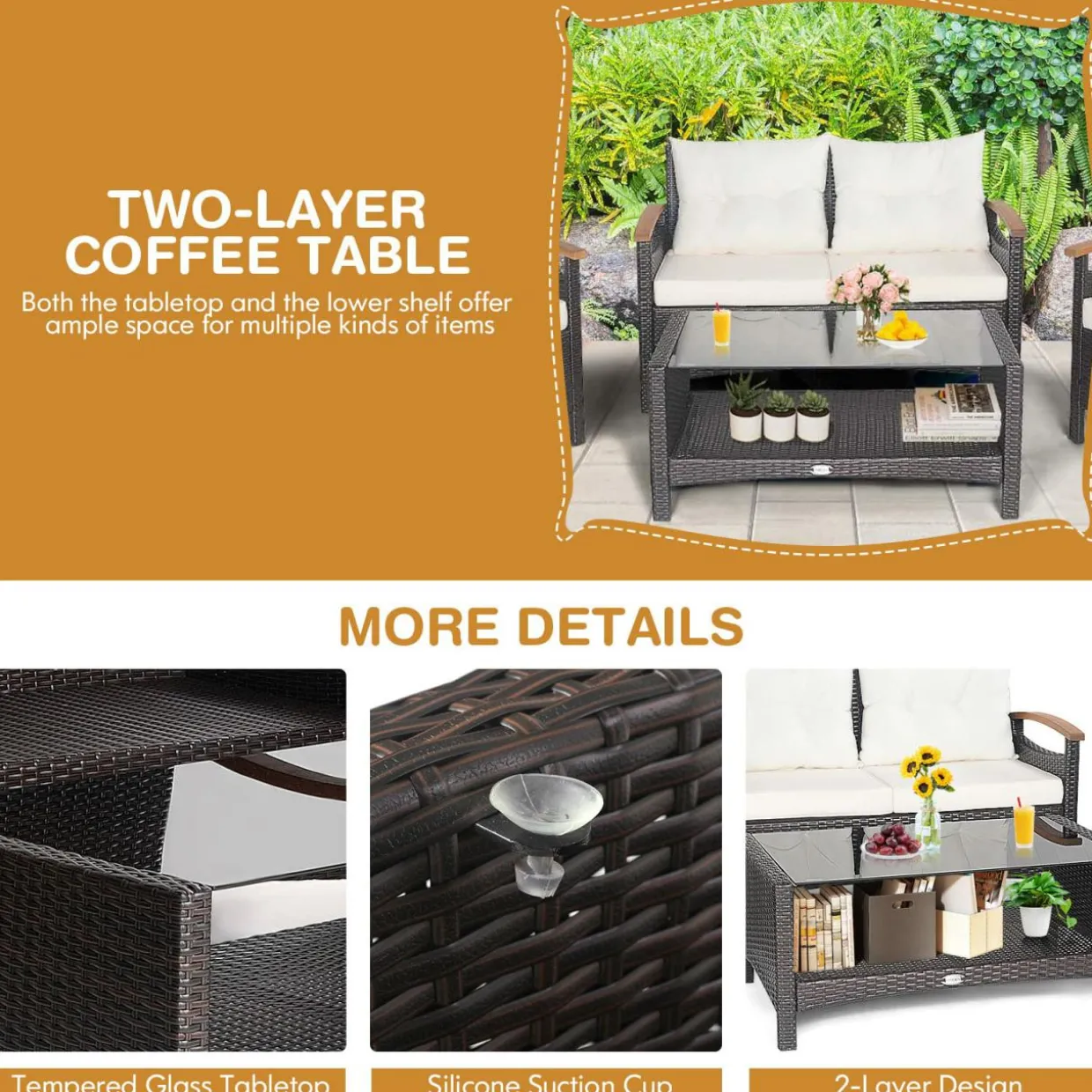 4 Piece Patio Rattan Conversation Set, Outdoor Wicker Sofa Set W/2-Layer Coffee Table