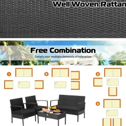 4 Piece Patio Rattan Conversation Set, Black