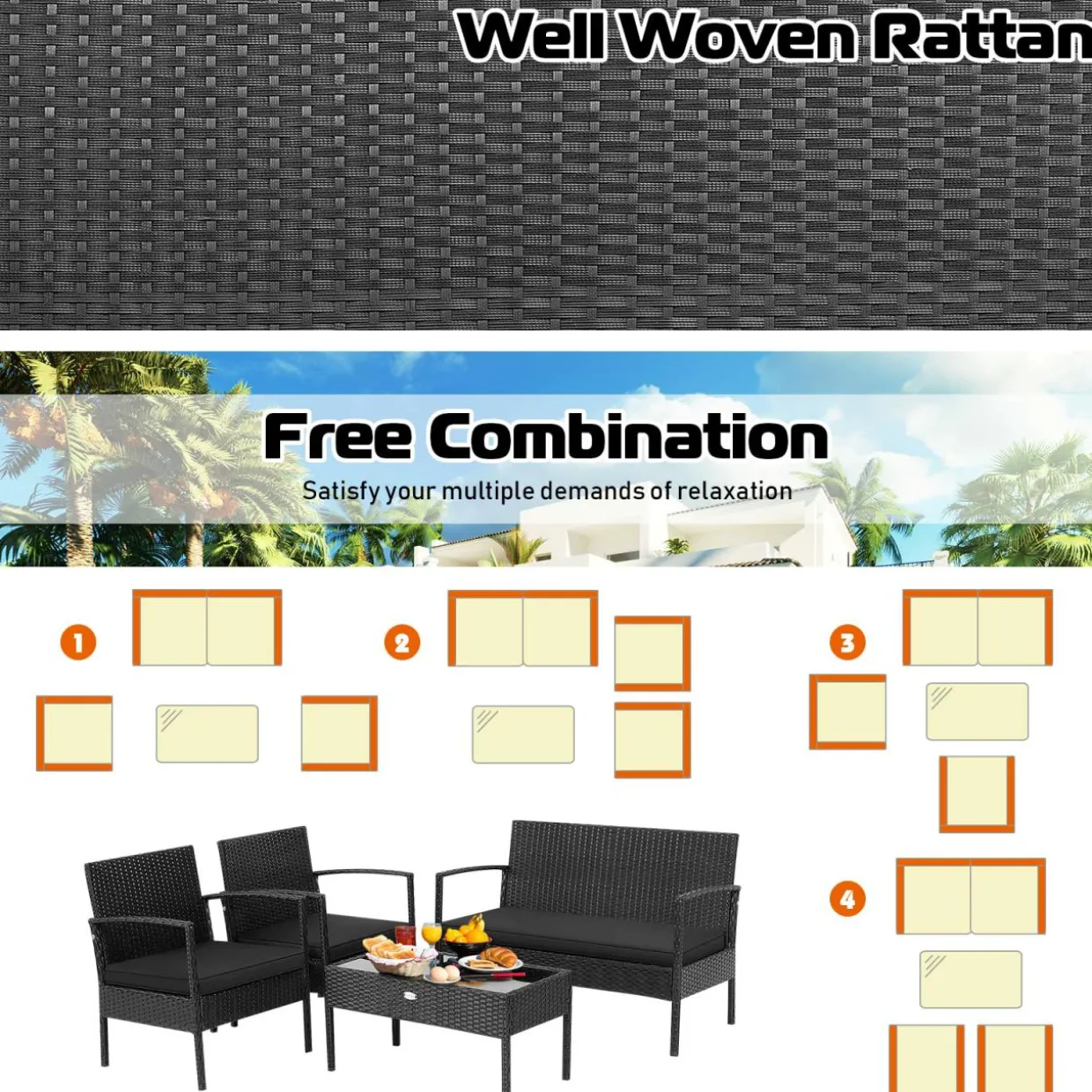 4 Piece Patio Rattan Conversation Set, Black
