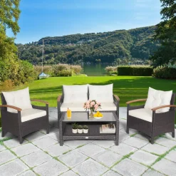 4 Piece Patio Rattan Conversation Set, Outdoor Wicker Sofa Set W/2-Layer Coffee Table
