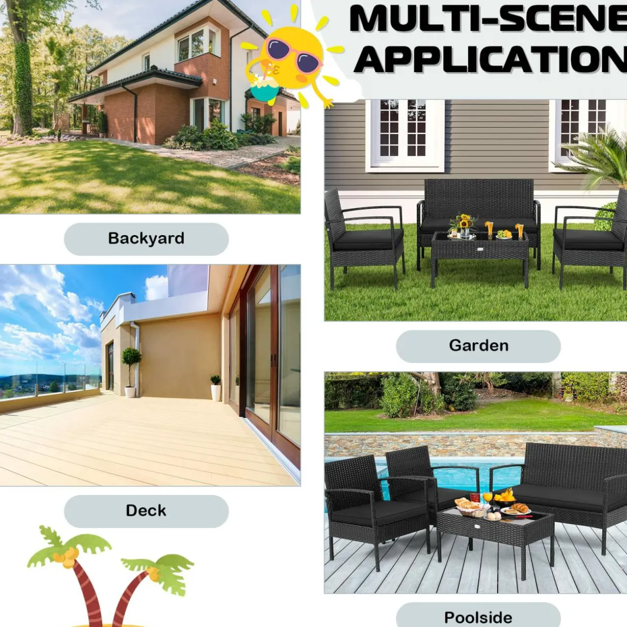 4 Piece Patio Rattan Conversation Set, Black