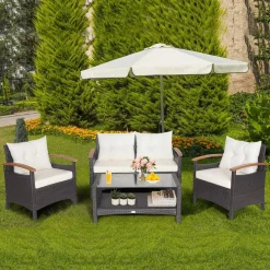 4 Piece Patio Rattan Conversation Set, Outdoor Wicker Sofa Set W/2-Layer Coffee Table