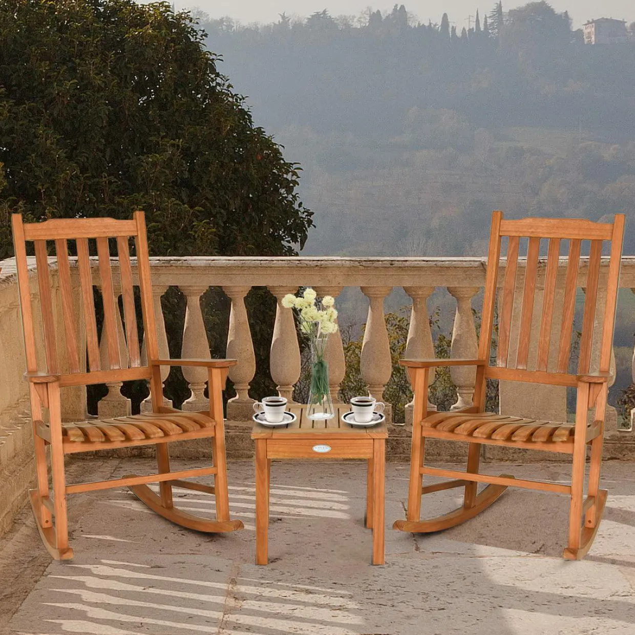 3 Piece Patio Rocking Bistro Set, 2 Rockers and 1 Coffee Table, Outdoor Rocking Chair Set
