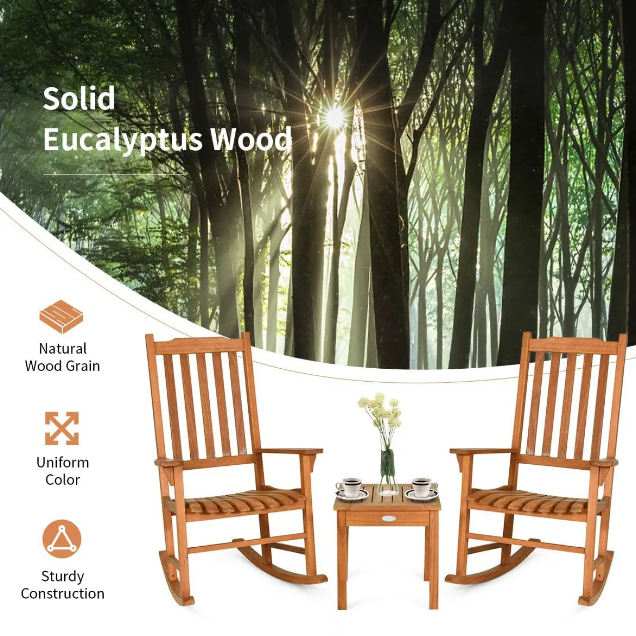 3 Piece Patio Rocking Bistro Set, 2 Rockers and 1 Coffee Table, Outdoor Rocking Chair Set