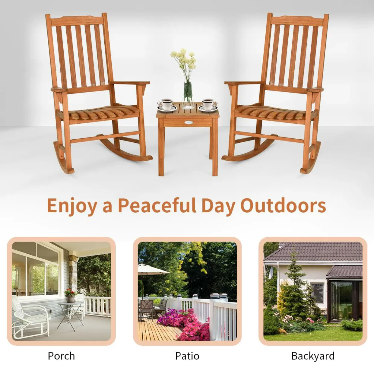 3 Piece Patio Rocking Bistro Set, 2 Rockers and 1 Coffee Table, Outdoor Rocking Chair Set
