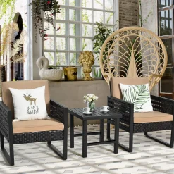 3 Piece Patio Wicker Bistro Set, Outdoor Rattan Sofa Set (Brown)