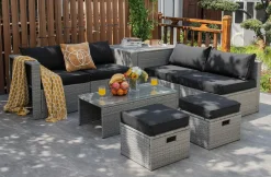 8-Piece Patio Wicker Furniture Set, Coffee Table, 2 Ottomans, 2 Armless Sofas & 2 Corner Sofas