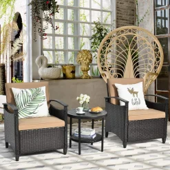 3 Piece Rattan Sofa Set, Patio Conversation Bistro Set w/Coffee Table