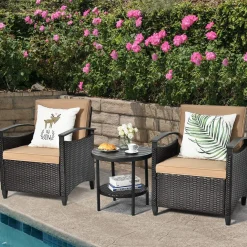 3 Piece Rattan Sofa Set, Patio Conversation Bistro Set w/Coffee Table