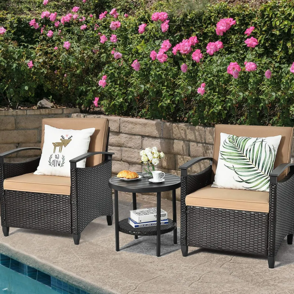 3 Piece Rattan Sofa Set, Patio Conversation Bistro Set w/Coffee Table