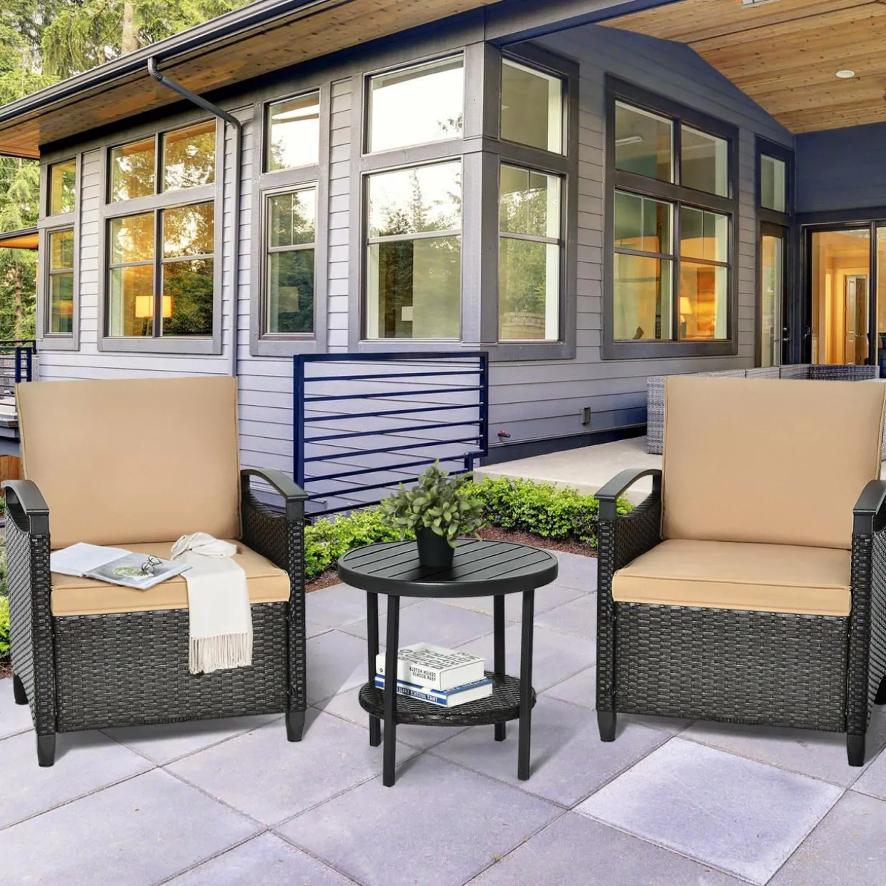 3 Piece Rattan Sofa Set, Patio Conversation Bistro Set w/Coffee Table