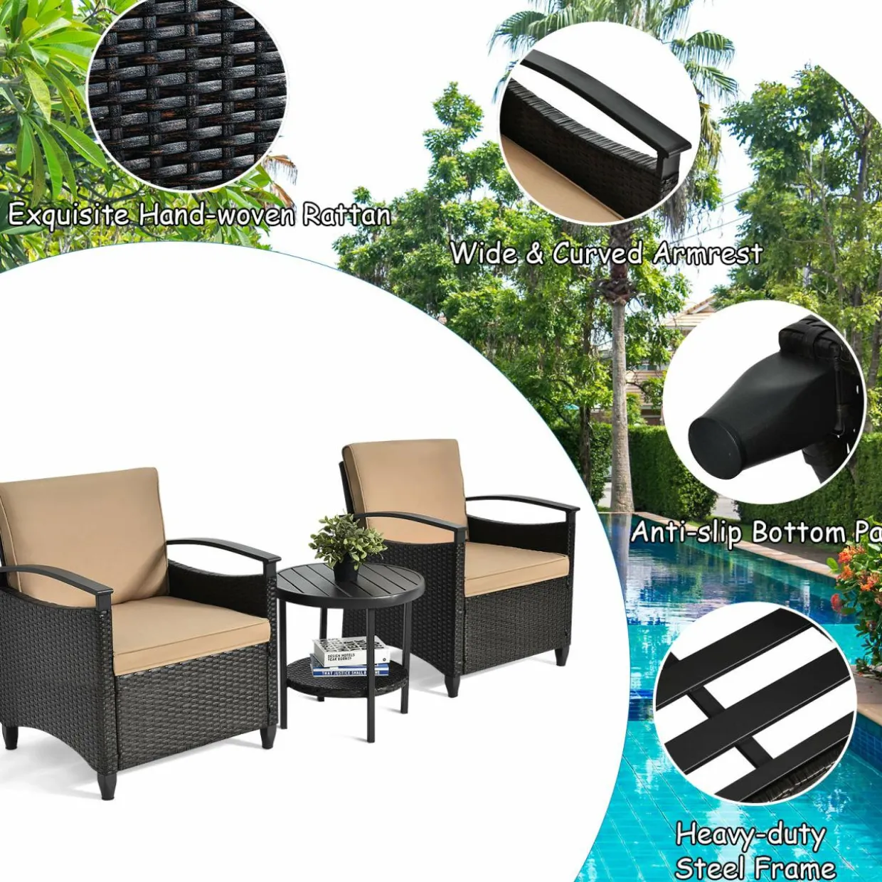 3 Piece Rattan Sofa Set, Patio Conversation Bistro Set w/Coffee Table