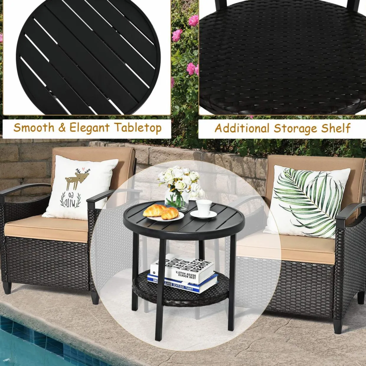 3 Piece Rattan Sofa Set, Patio Conversation Bistro Set w/Coffee Table