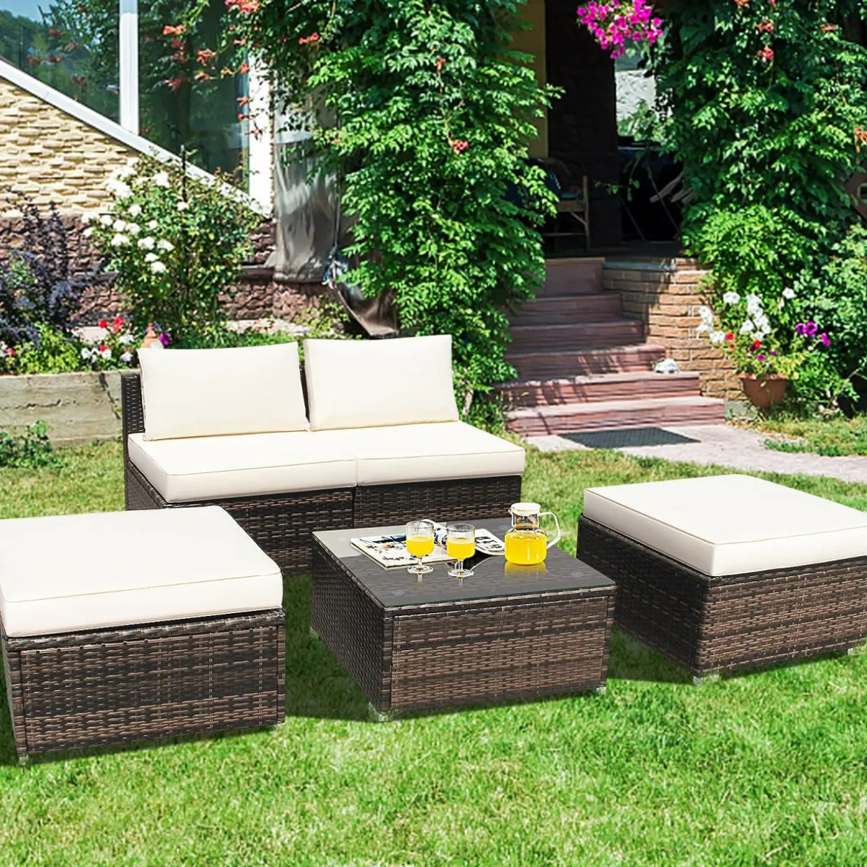 5 Piece Wicker Lounge Chair Set, with Tempered Glass Coffee Table