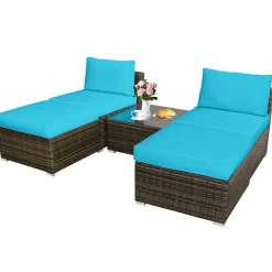 5 Piece Wicker Lounge Chair Set, with Tempered Glass Coffee Table