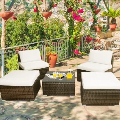 5 Piece Wicker Lounge Chair Set, with Tempered Glass Coffee Table