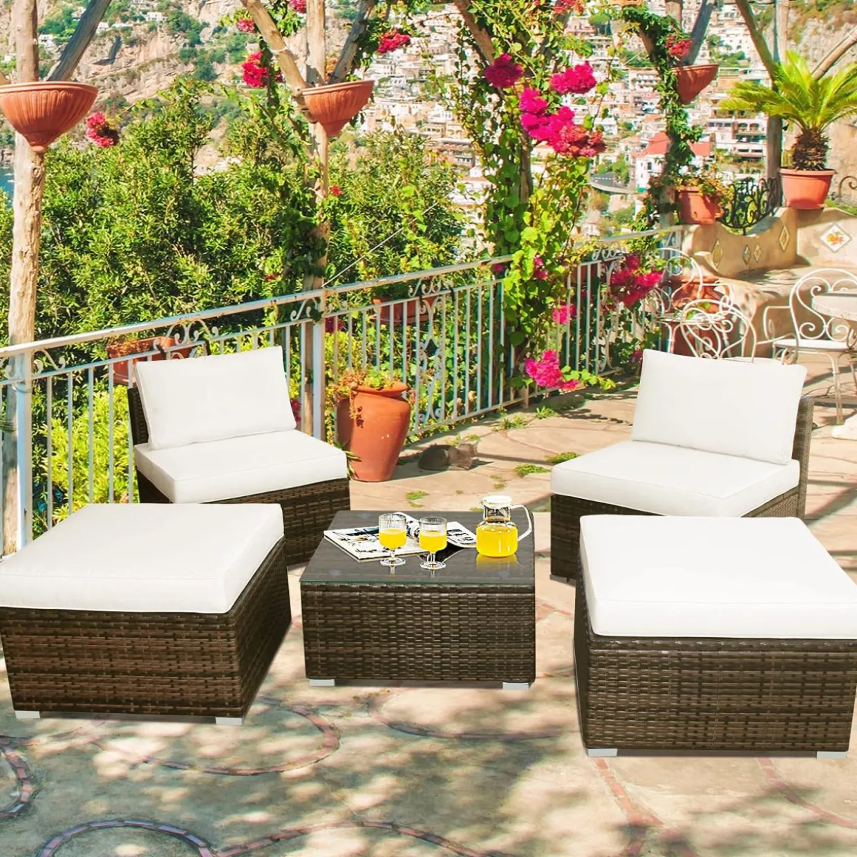 5 Piece Wicker Lounge Chair Set, with Tempered Glass Coffee Table