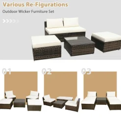 5 Piece Wicker Lounge Chair Set, with Tempered Glass Coffee Table