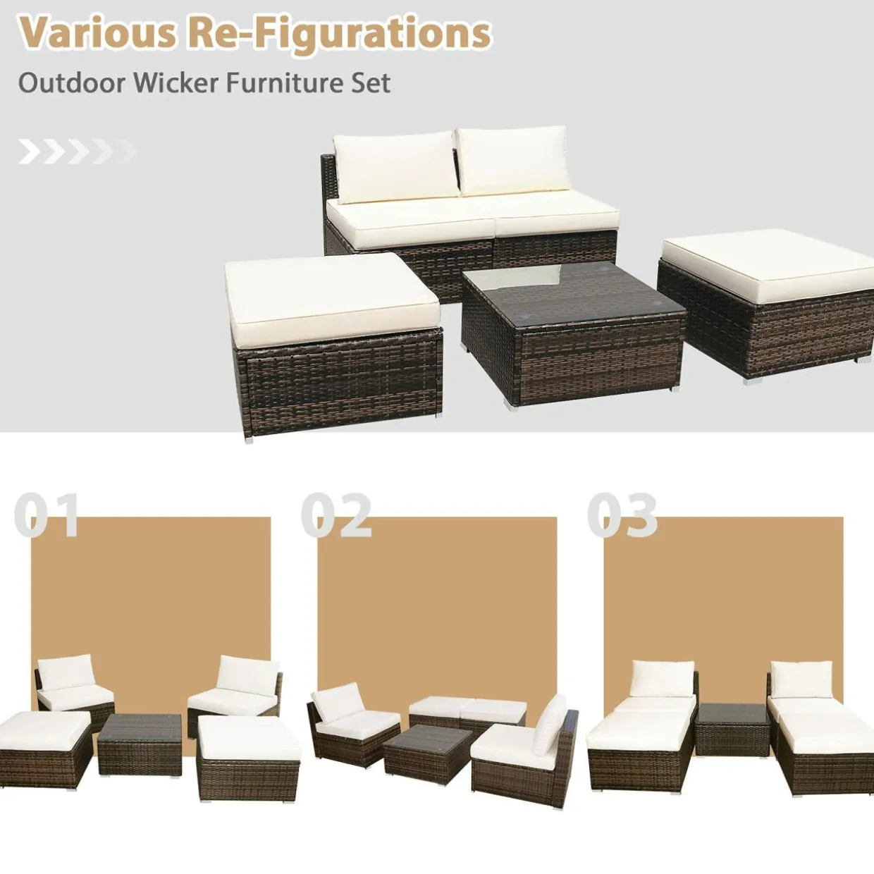 5 Piece Wicker Lounge Chair Set, with Tempered Glass Coffee Table