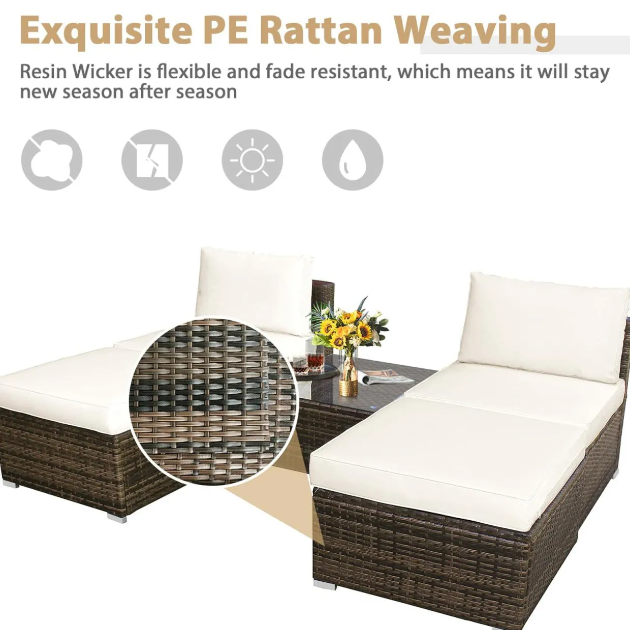 5 Piece Wicker Lounge Chair Set, with Tempered Glass Coffee Table