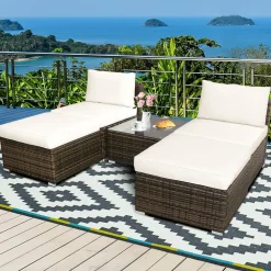 5 Piece Wicker Lounge Chair Set, with Tempered Glass Coffee Table