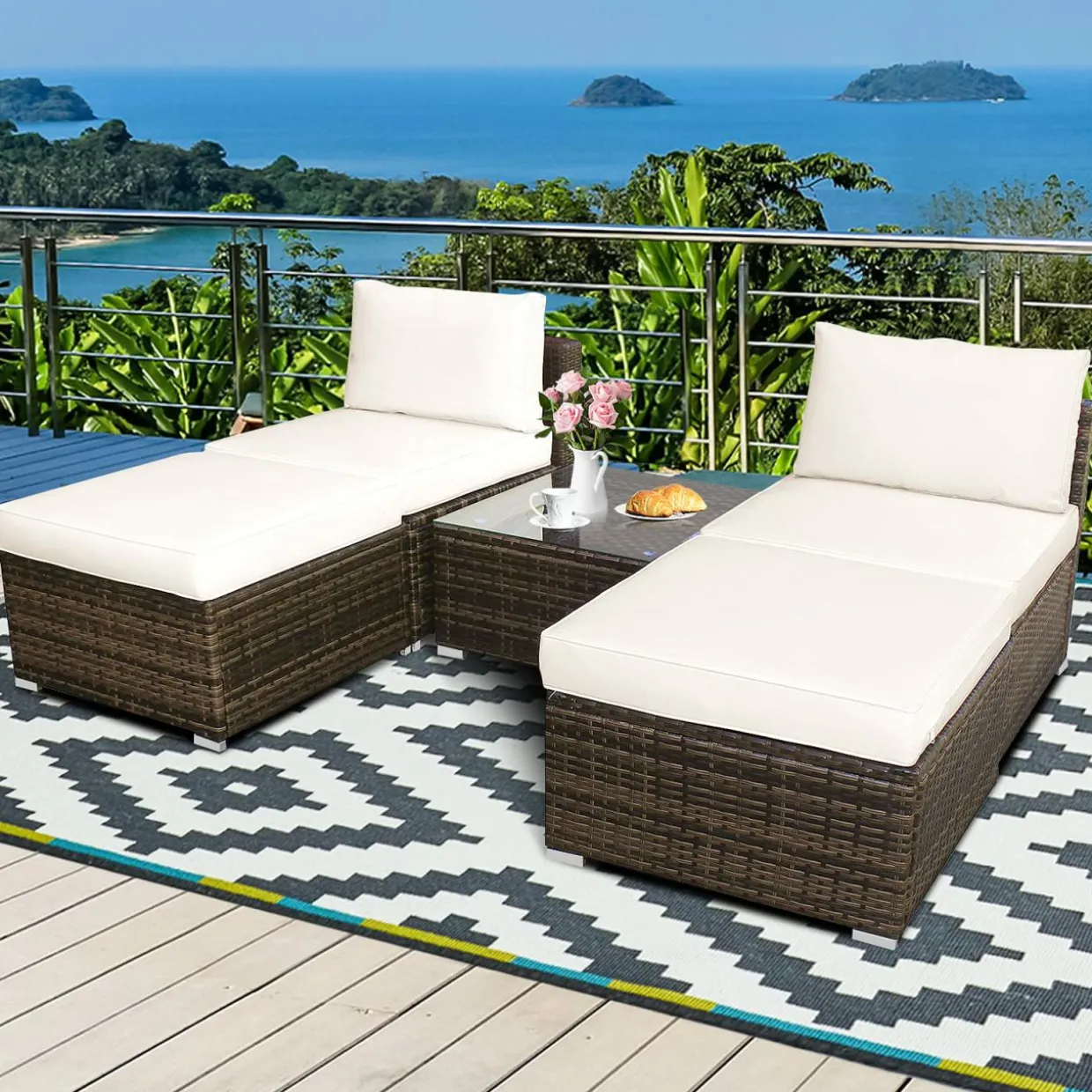 5 Piece Wicker Lounge Chair Set, with Tempered Glass Coffee Table