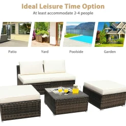 5 Piece Wicker Lounge Chair Set, with Tempered Glass Coffee Table