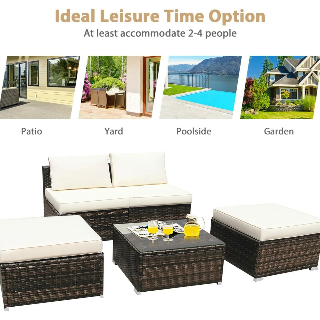 5 Piece Wicker Lounge Chair Set, with Tempered Glass Coffee Table