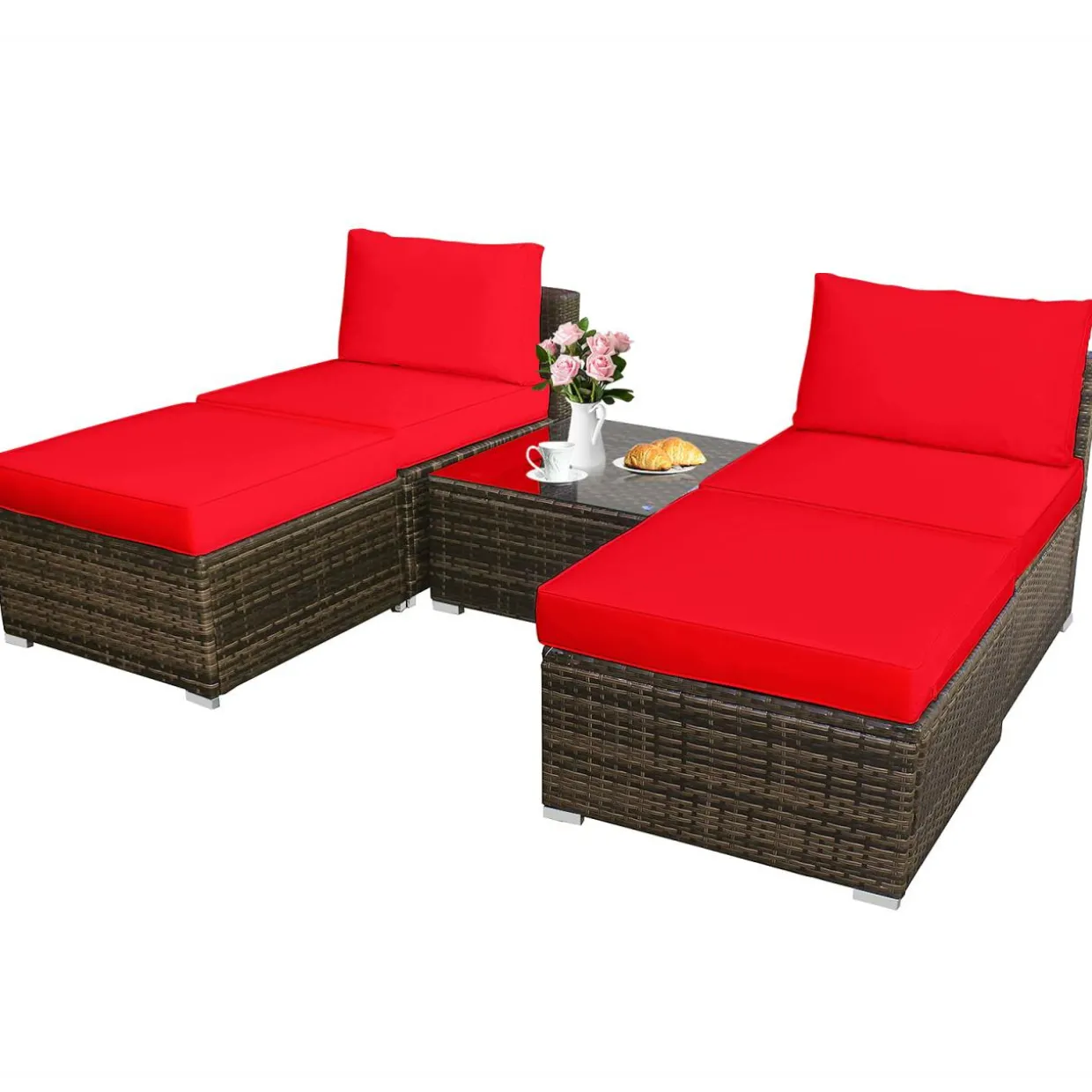 5 Piece Wicker Lounge Chair Set, with Tempered Glass Coffee Table