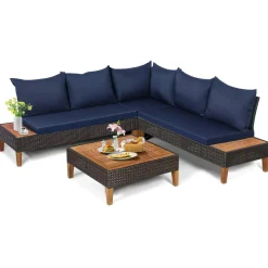 4 Pieces Acacia Wood Patio Conversation Set, Sofa Set with Coffee Table, Corner Sofa & 2 Loveseats