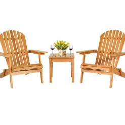 3 Pieces Adirondack Chair Set, Outdoor Wood Furniture Set with 2 Folding Lounge Chairs & Side Table