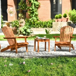 3 Pieces Adirondack Chair Set, Outdoor Wood Furniture Set with 2 Folding Lounge Chairs & Side Table