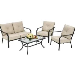 4 Pieces Outdoor Furniture Set, Patio Conversation Set with Cushions and Steel Frame