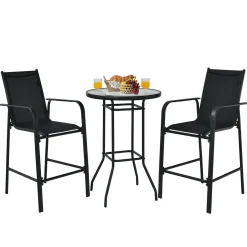 3 Pieces Outdoor Patio Bar Set, Outdoor Bistro Set with 2 Bar Stools and 1 Tempered Glass Bar Table